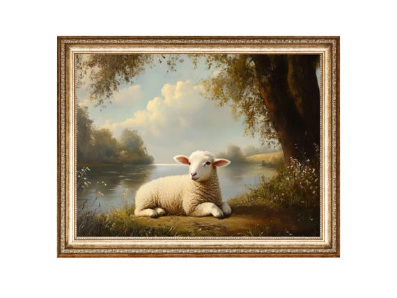 Pastoral Lamb By The River Farmhouse Animal Art Vintage Oil Painting Cottagecore Wall Art Wall Art Prints