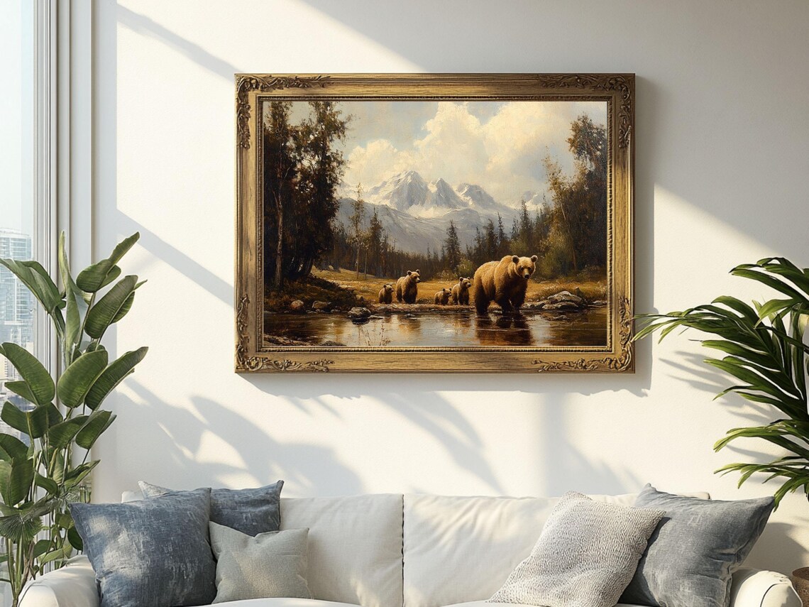 Mother Bear and Cubs Crossing Stream Mountain Wilderness Poster - Image 2