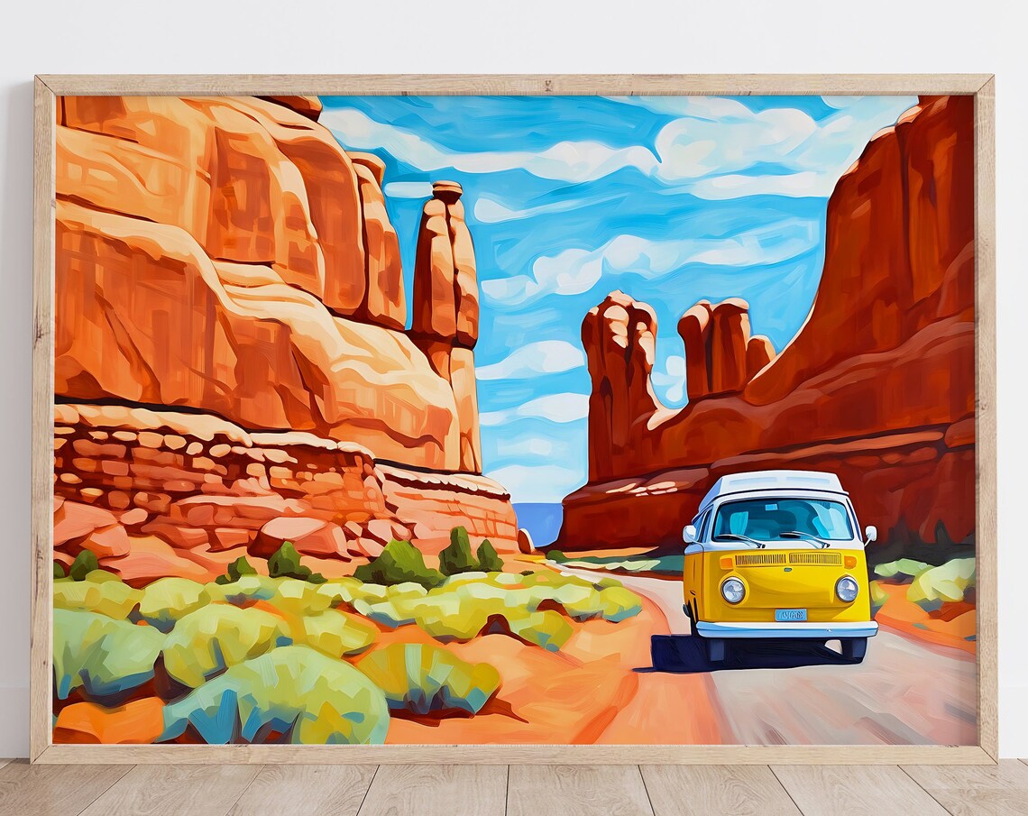 Classic Yellow Camper Van Driving Through Red Rock Canyon Poster