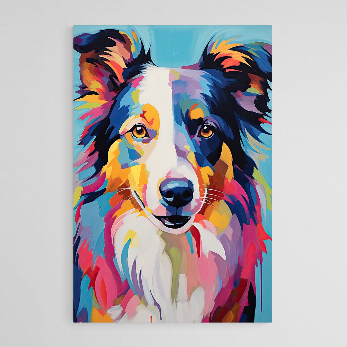 Border Collie Pop Art Portrait Pink Blue Colorful Background Poster