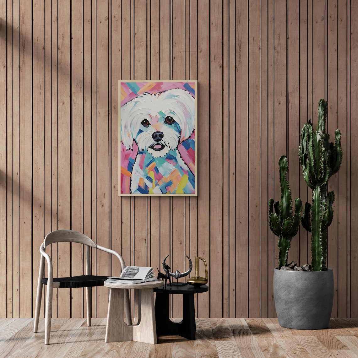 Maltese Dog Painterly Impasto White Fluffy Portrait Pink Poster - Image 2