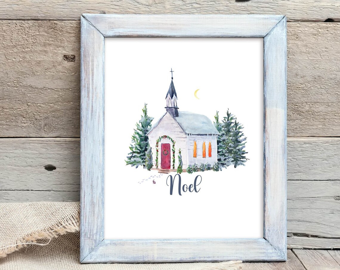 Noel Watercolor Church With Wreath Winter Christmas Night Poster
