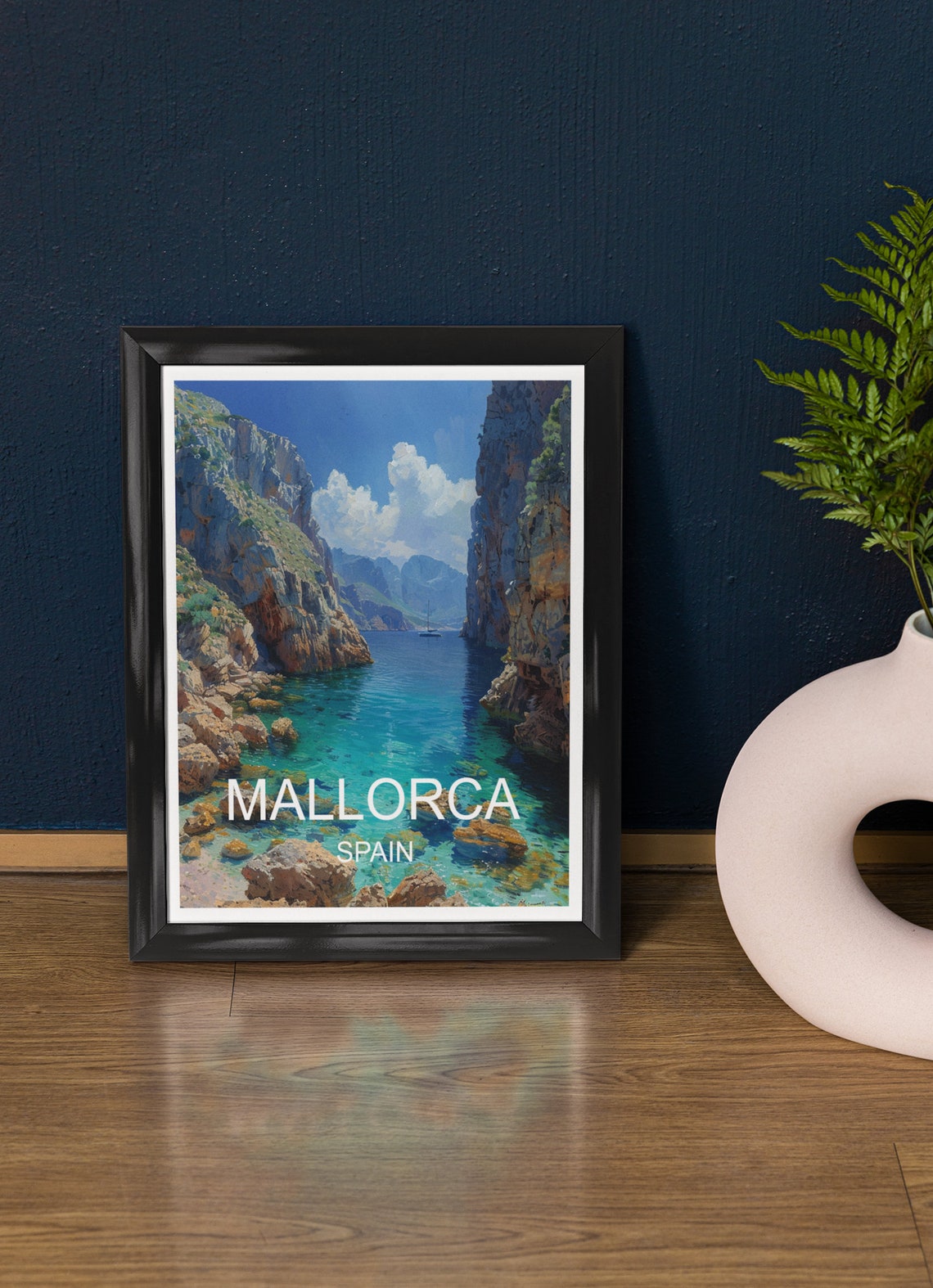 Mallorca Spain Turquoise Cove Rocky Cliffs Sailboat Travel Poster