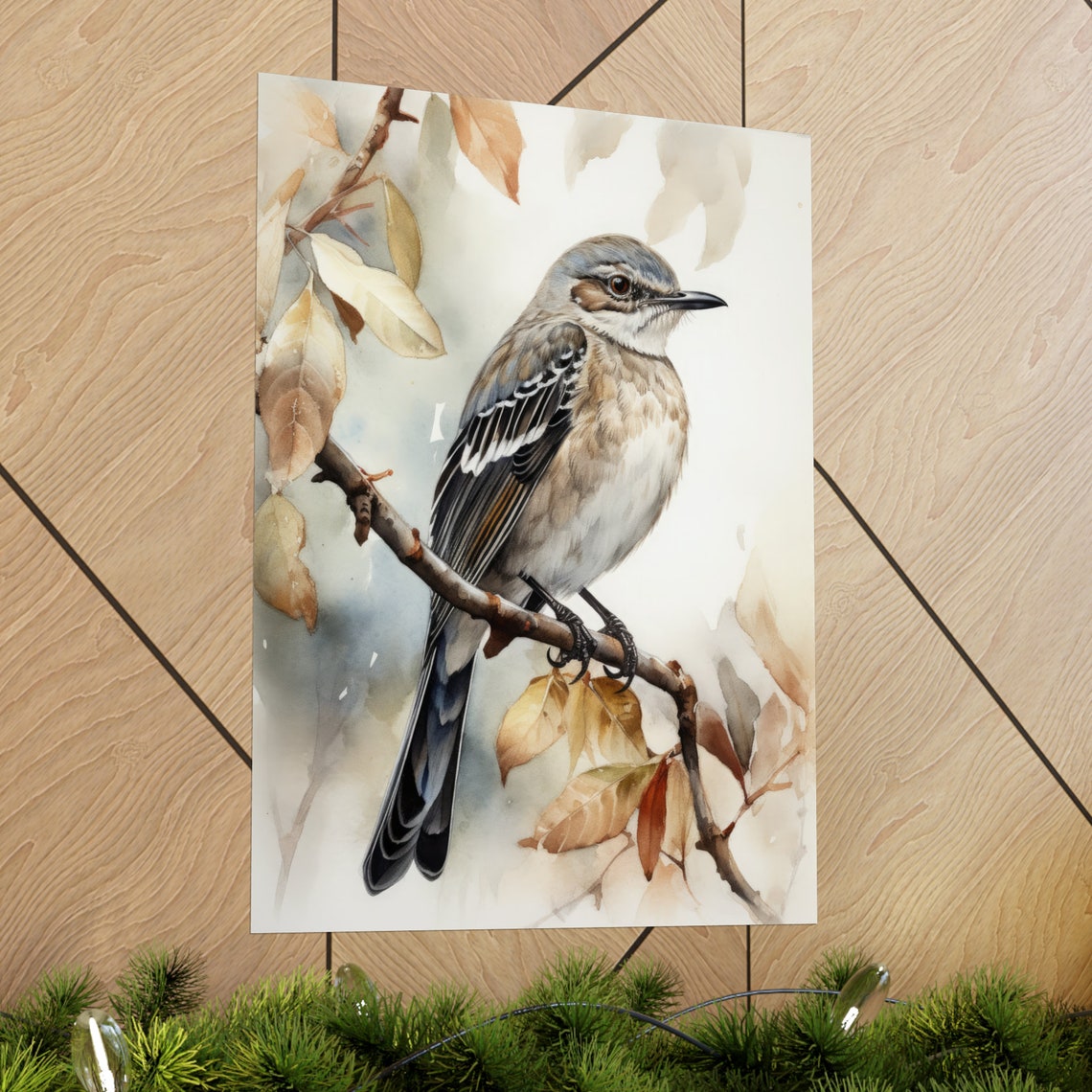 Northern Mockingbird Watercolor Perched on Branch Songbird Art Poster - Image 2