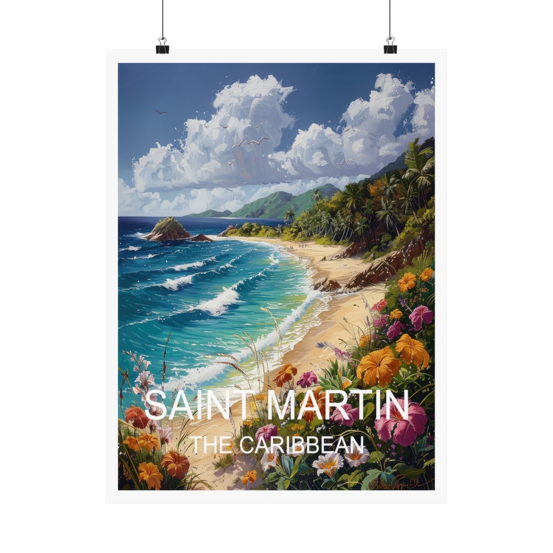 Saint Martin Caribbean Beach Tropical Flowers Ocean Travel Poster - Image 5