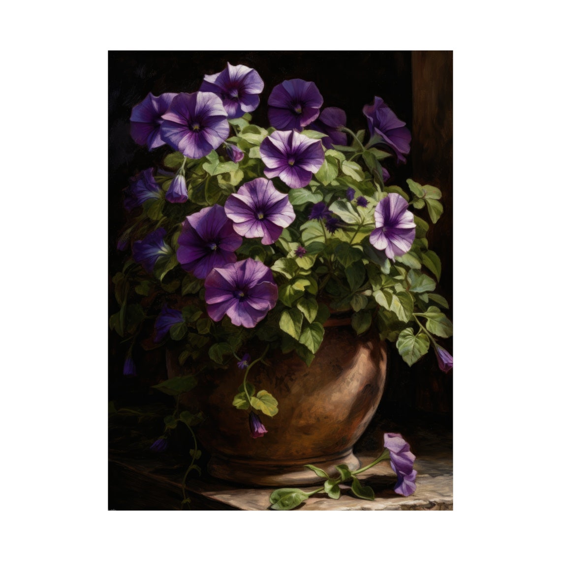 Purple Petunias Copper Pot Dark Moody Floral Still Life Art Poster - Image 4