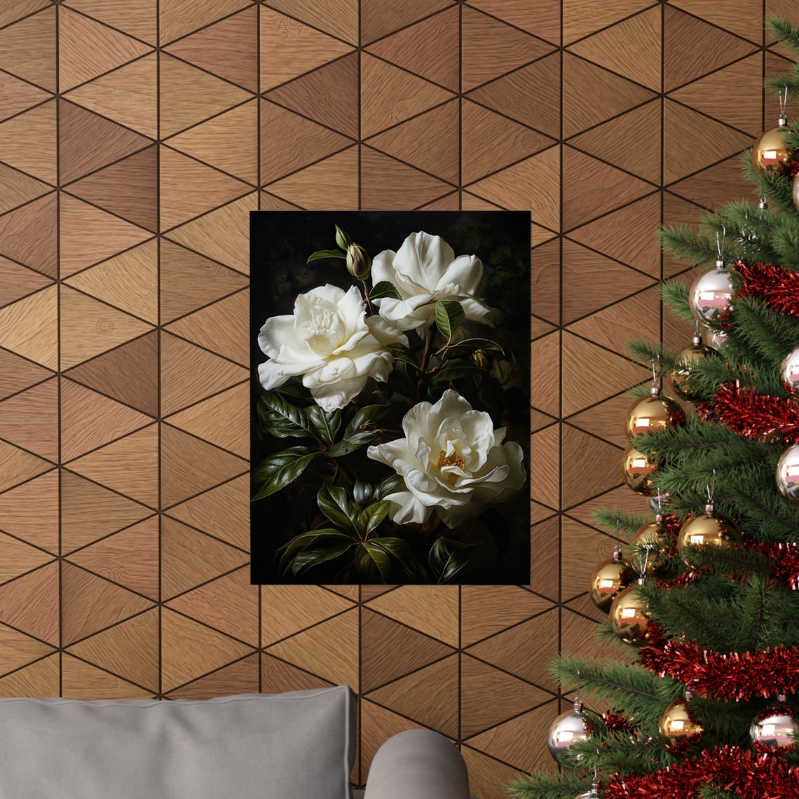 White Gardenia Blooms On Dark Background Moody Botanical Art Poster - Image 3