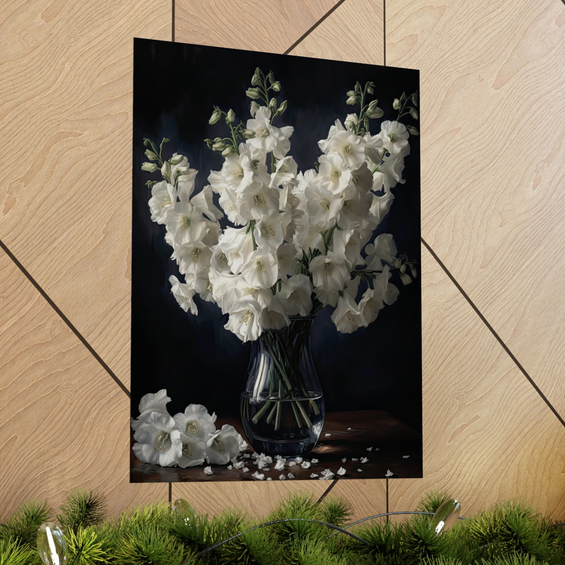 White Delphinium Blooms Glass Vase Dark Moody Still Life Poster - Image 2
