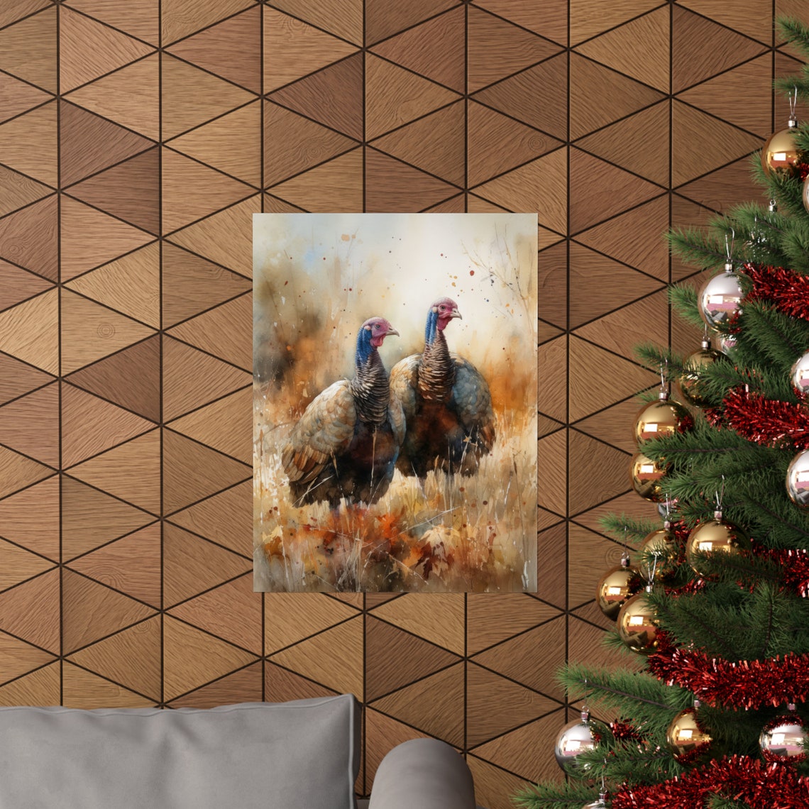 Pair of Wild Turkeys Golden Meadow Watercolor Rustic Wall Art Print - Image 3