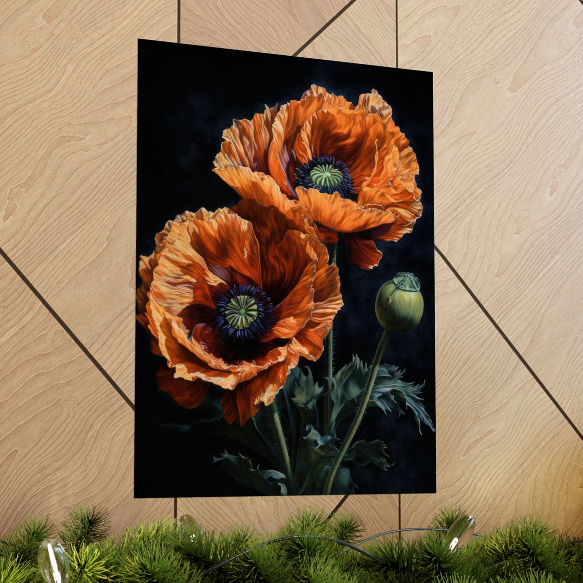 Oriental Poppy Flowers Vivid Orange Dark Dramatic Botanical Art Print - Image 2