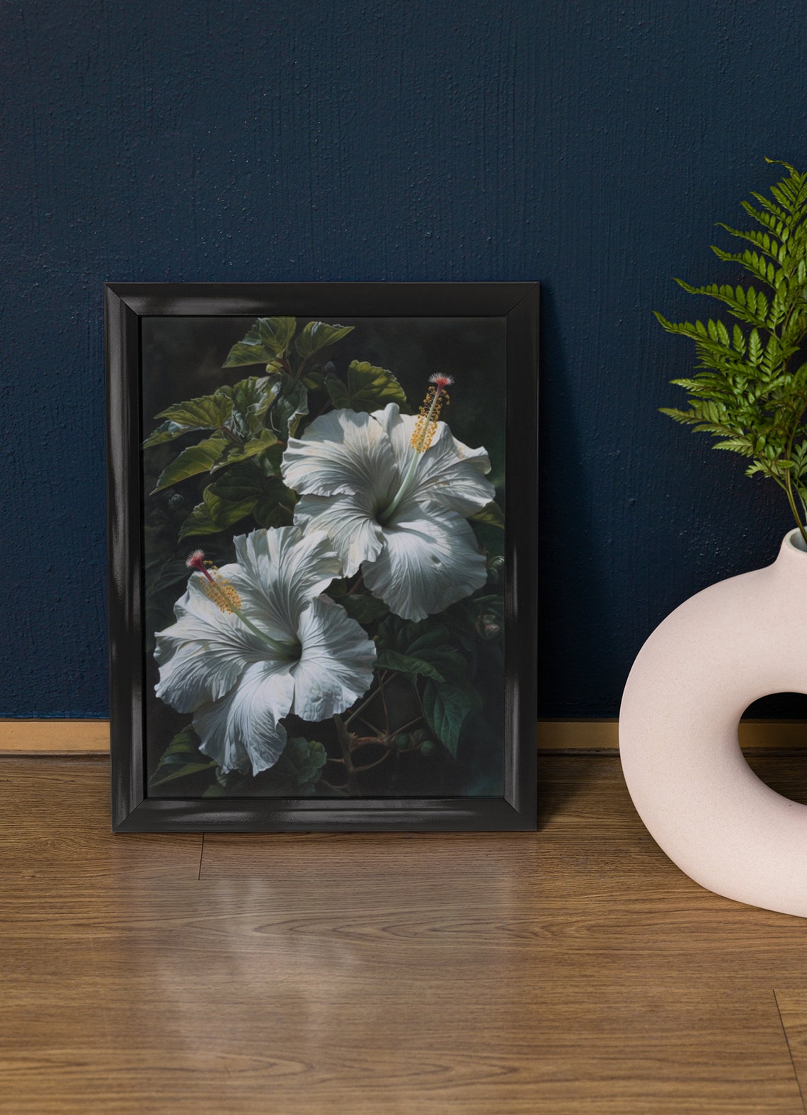 White Hibiscus Blooms Dark Tropical Botanical Fine Art Poster