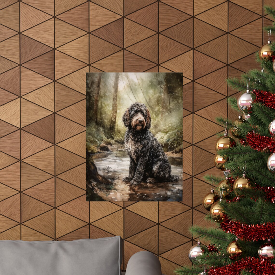 Spanish Water Dog Watercolor Portrait Sitting By A Forest Stream Print - Image 3