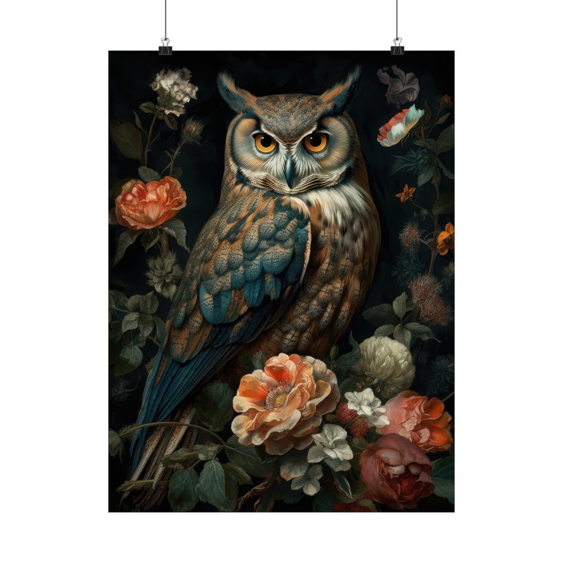 Great Horned Owl With Amber Eyes Among Dark Moody Roses Poster - Image 5
