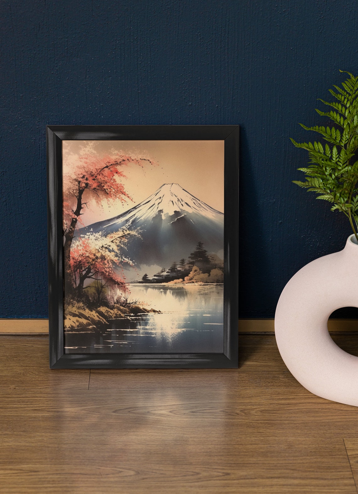 Mt Fuji Sunset Cherry Blossom Lakeshore Warm Light Travel Poster