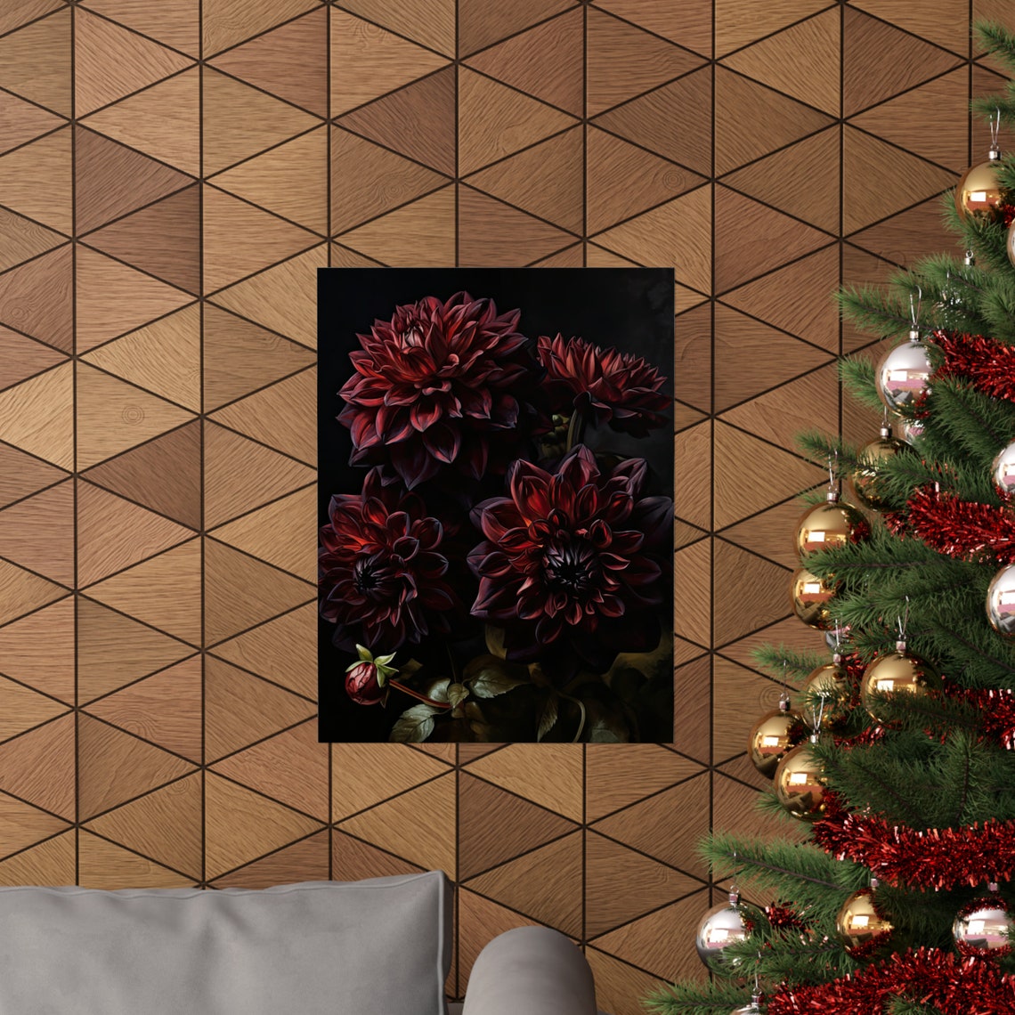 Dark Red Dahlia Blooms Black Background Moody Floral Fine Art Poster - Image 3