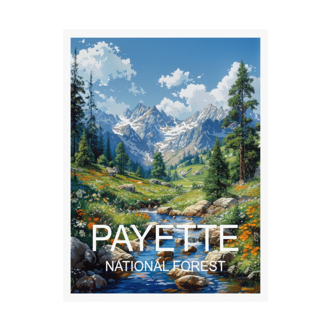 Payette National Forest Wildflower Meadow Stream Snowy Peaks Poster - Image 3