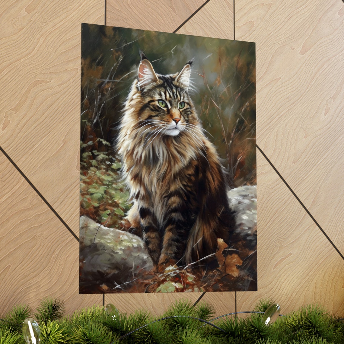 Long Haired Tabby Cat Autumn Woods Portrait Feline Art Poster - Image 2