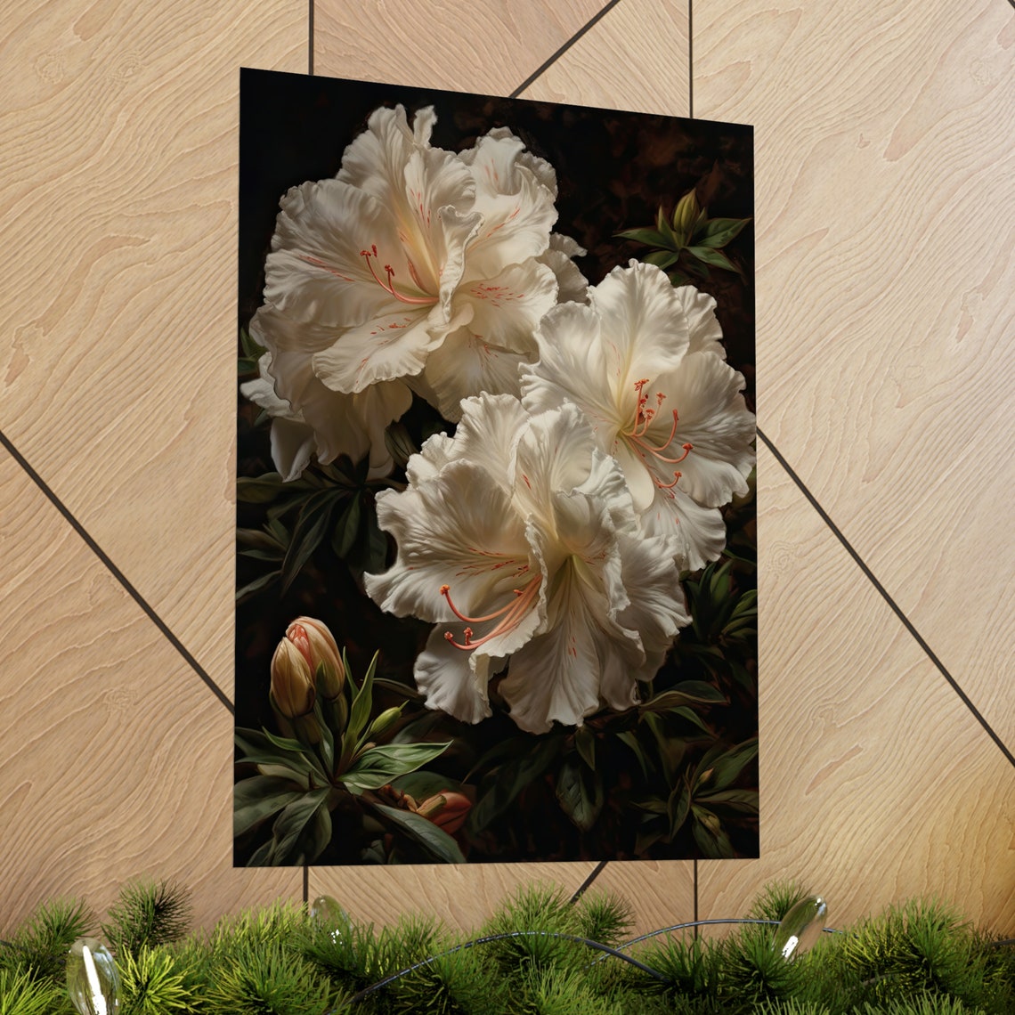 White Azalea Blossoms With Pink Stamens Dark Botanical Art Poster - Image 2