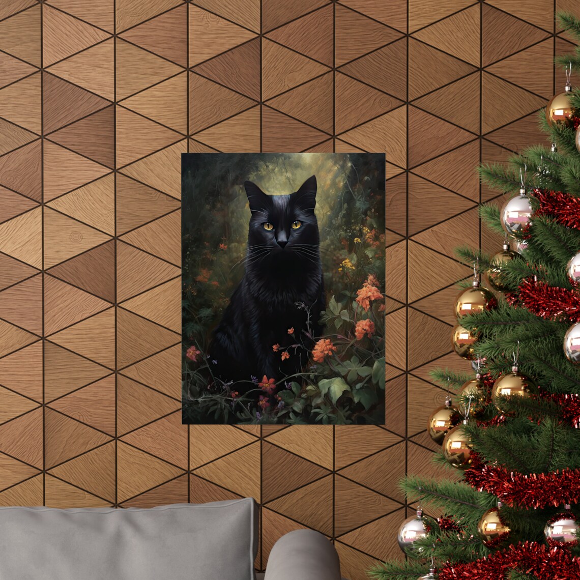 Black Cat With Golden Eyes In Moody Dark Garden Flowers Watercolor Print - Image 3