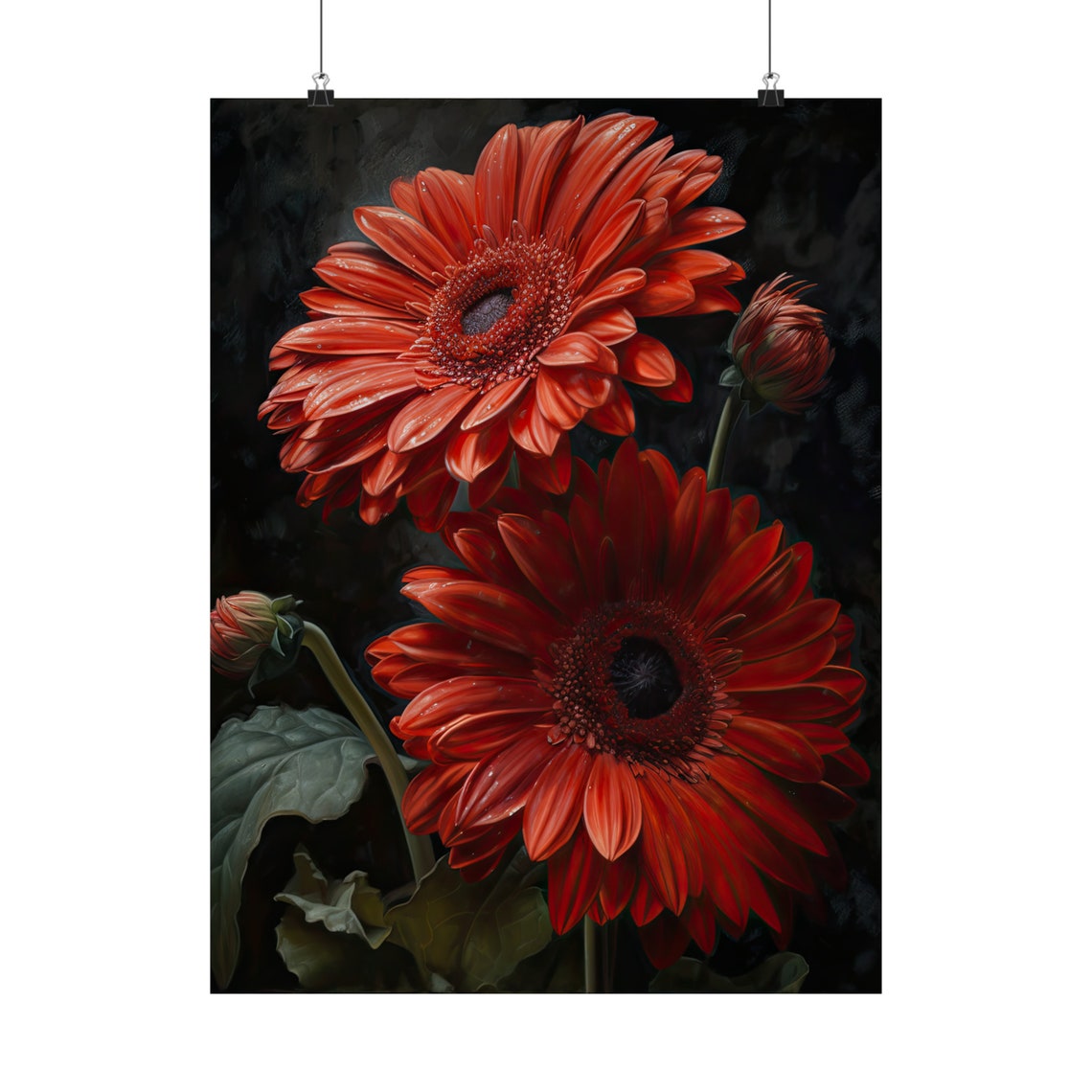 Red Gerbera Daisies Dark Moody Floral Oil Painting Botanical Wall Art - Image 5