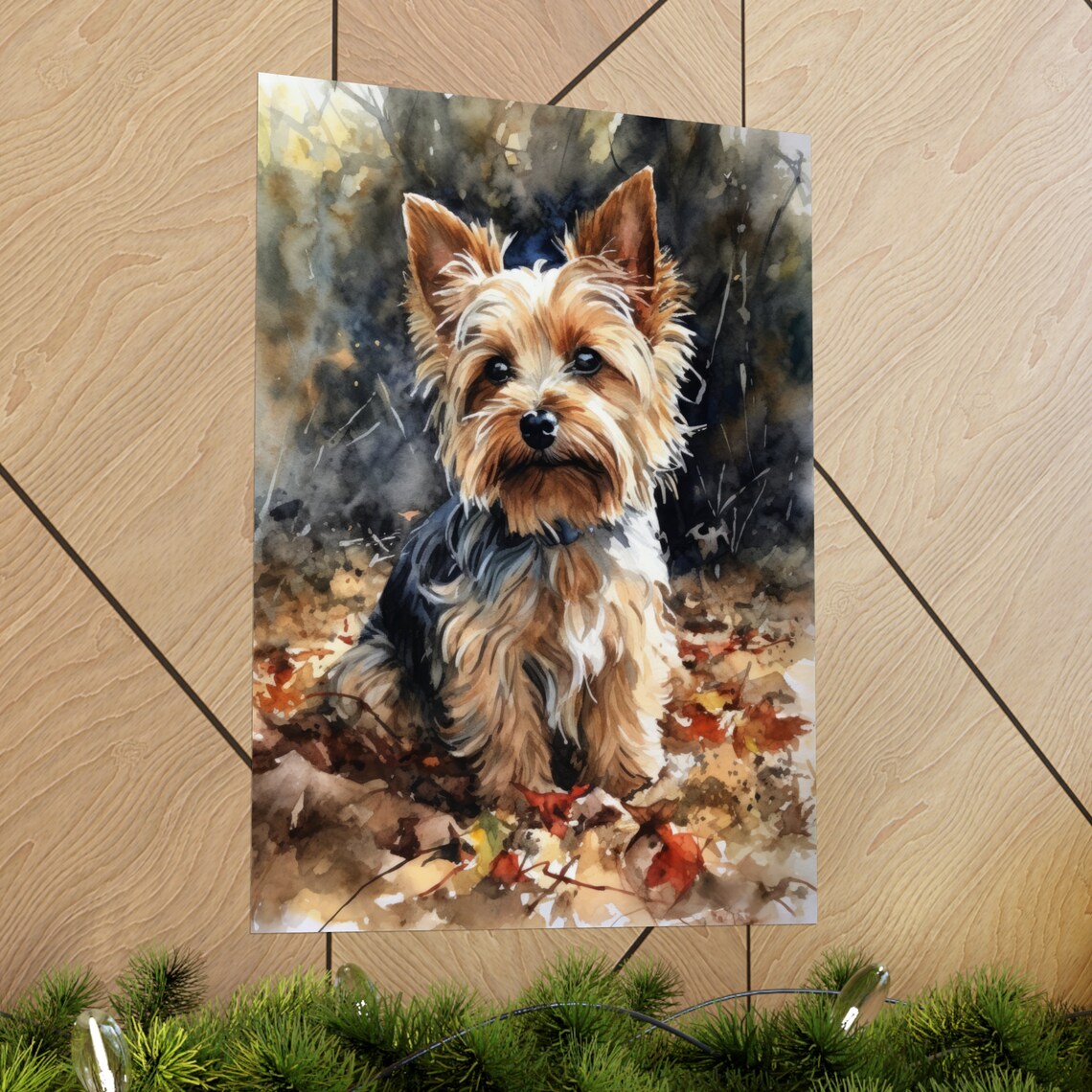 Biewer Terrier Sitting Among Autumn Leaves Watercolor Dog Poster - Image 2