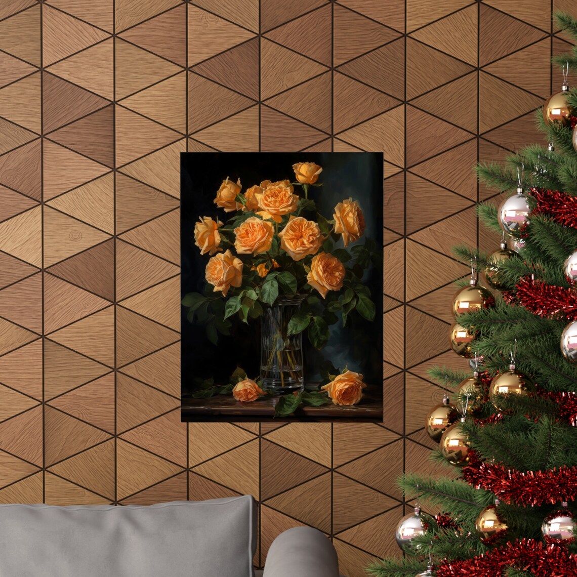 Orange Roses In Glass Vase Dark Background Still Life Art Print - Image 3