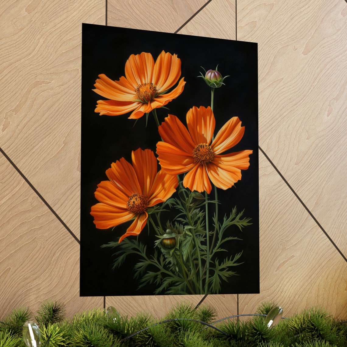 Orange Cosmos Flowers Dark Background Fall Floral Fine Art Poster - Image 2