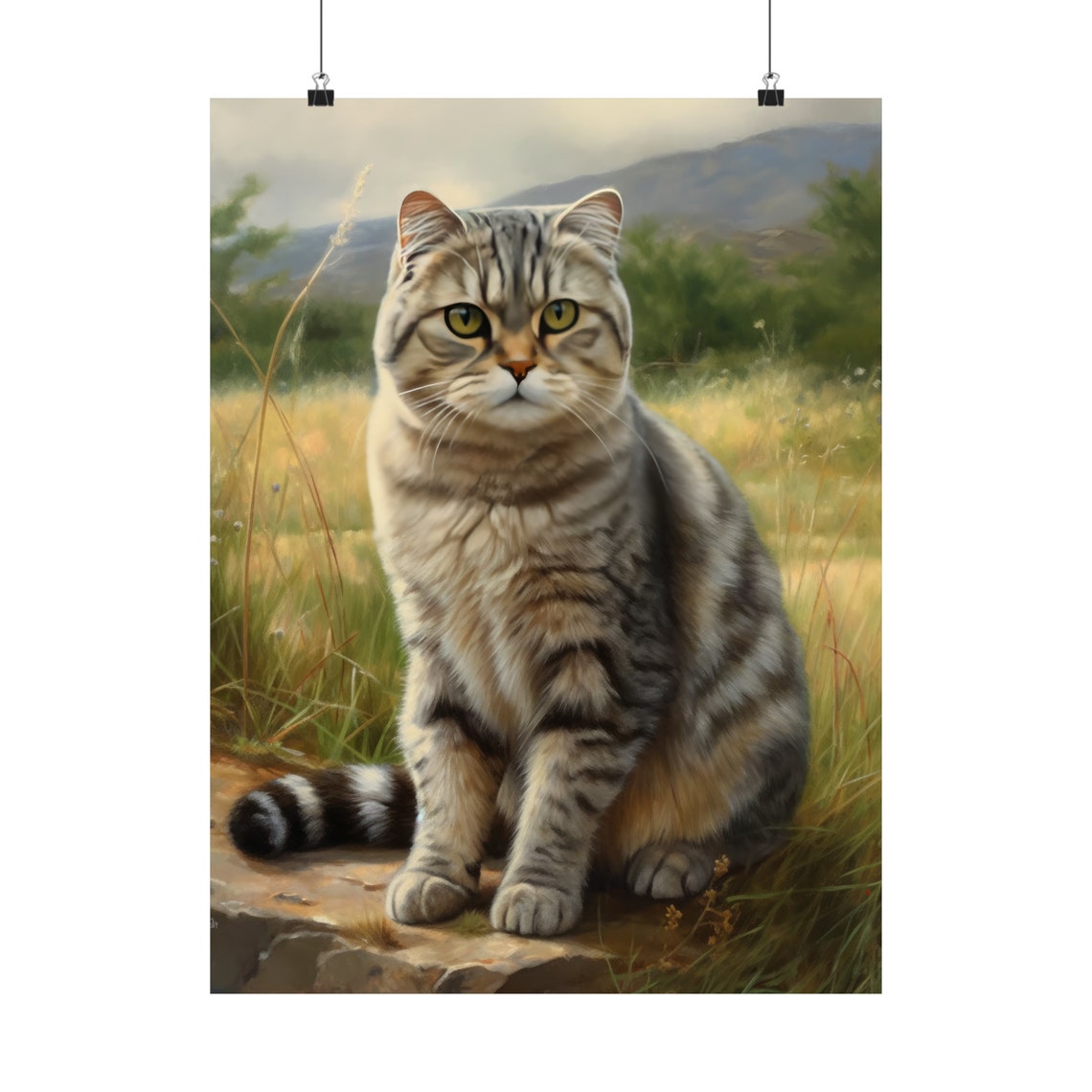 Scottish Fold Silver Tabby Cat Meadow Rock Cute Feline Art Poster - Image 5