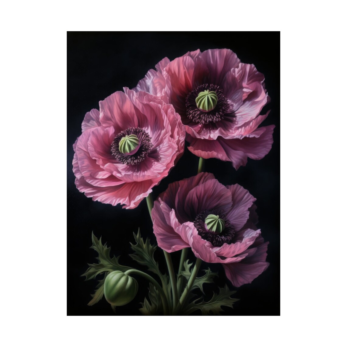 Oriental Poppy Pink Magenta Trio Dark Dramatic Floral Painting Poster - Image 4