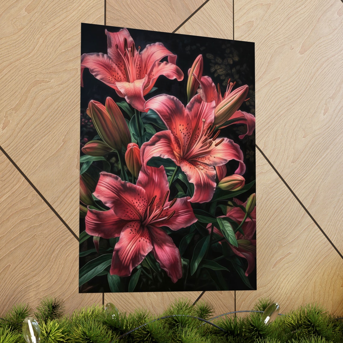 Pink Tiger Lily Blossoms Moody Dark Botanical Floral Art Print - Image 2