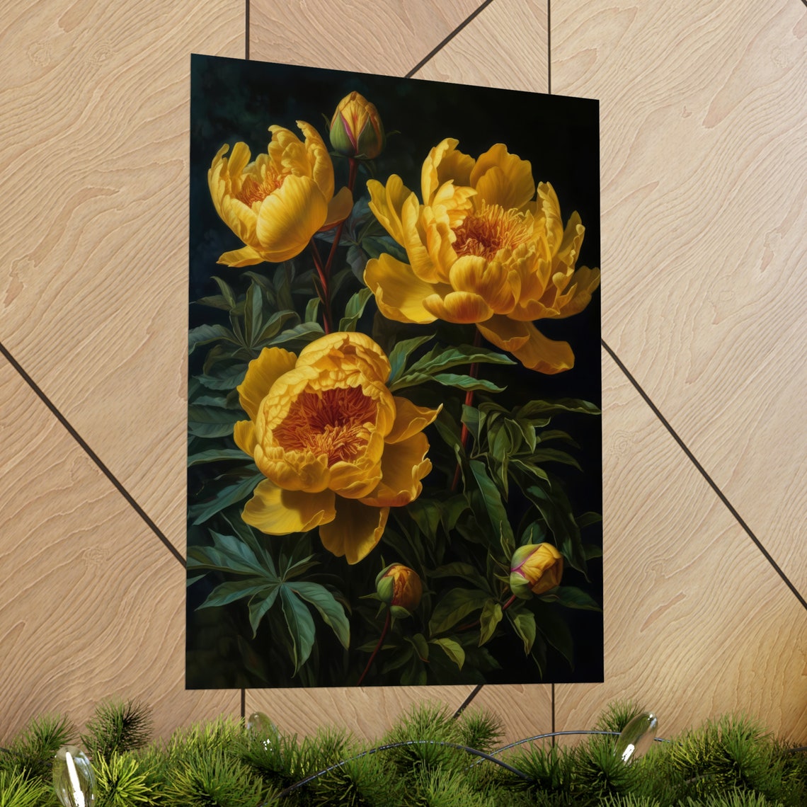 Yellow Peony Flower Golden Blooms Dark Background Botanical Art Poster - Image 2