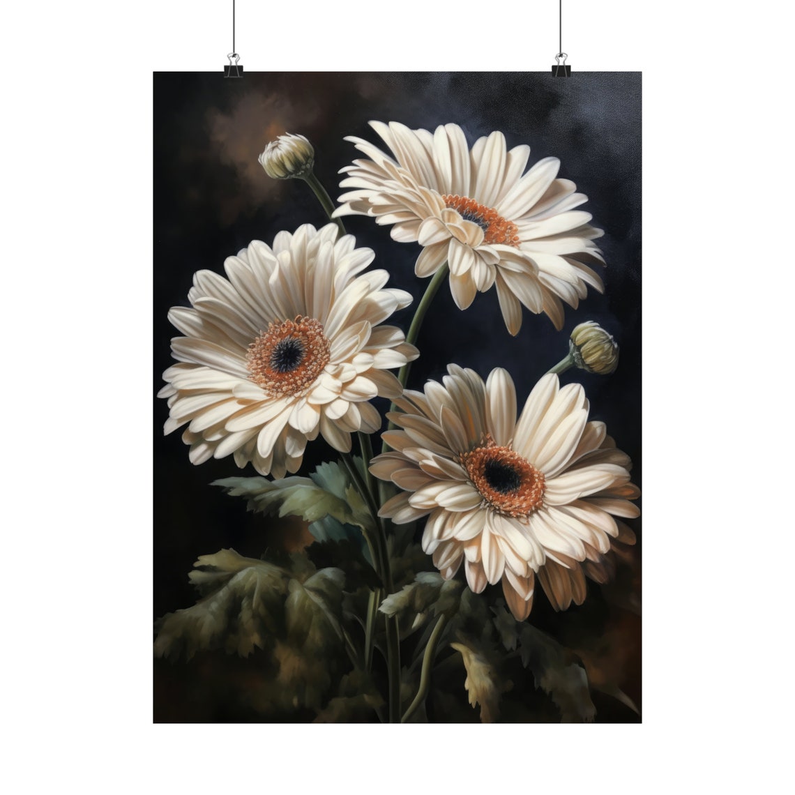 White Gerbera Daisy Cream Blooms Dark Background Botanical Art Poster - Image 5
