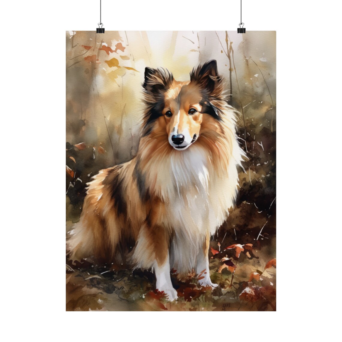 Shetland Sheepdog Dog Sitting in Sunlit Autumn Leaves Scene Poster - Image 5