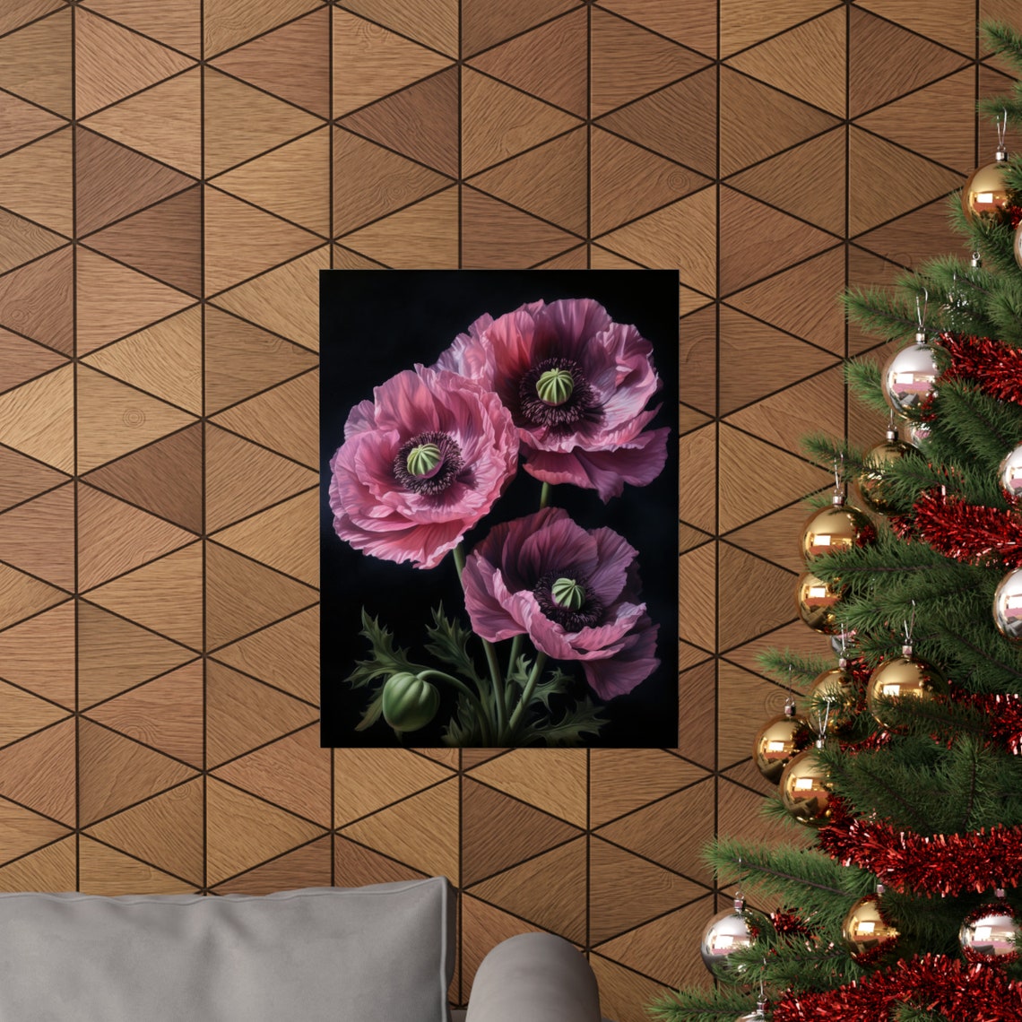 Oriental Poppy Pink Magenta Trio Dark Dramatic Floral Painting Poster - Image 3
