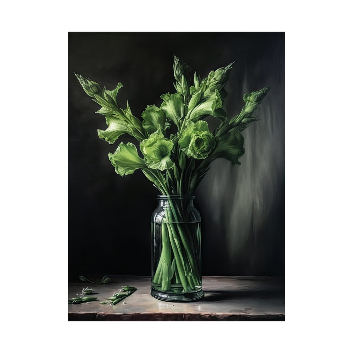 Green Gladiolus Buds Glass Jar Dark Moody Still Life Flower Poster - Image 4