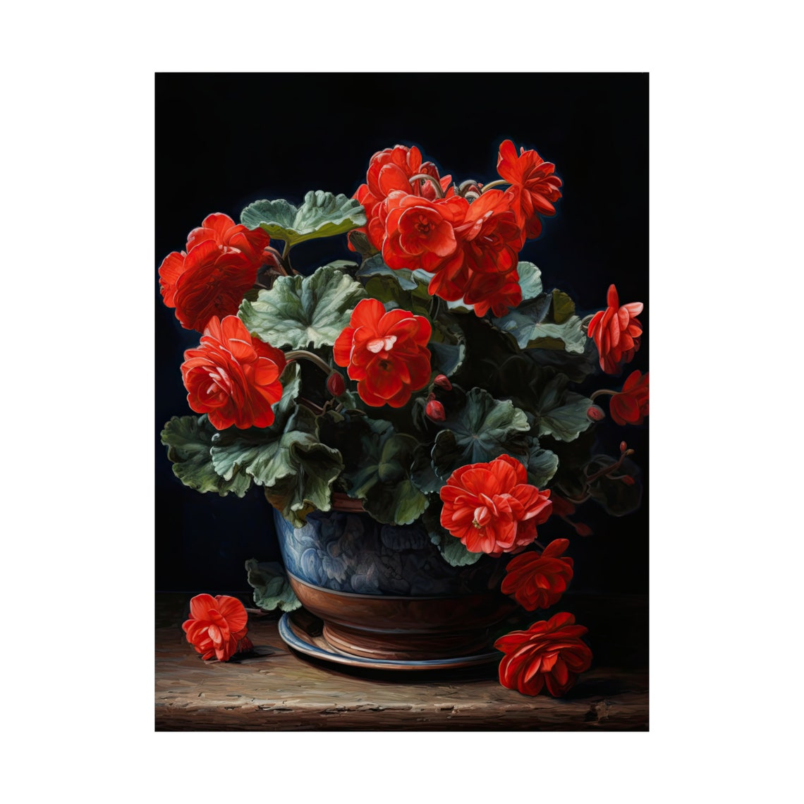 Red Begonias Blue Ceramic Planter Fallen Blooms Vintage Floral Poster - Image 4