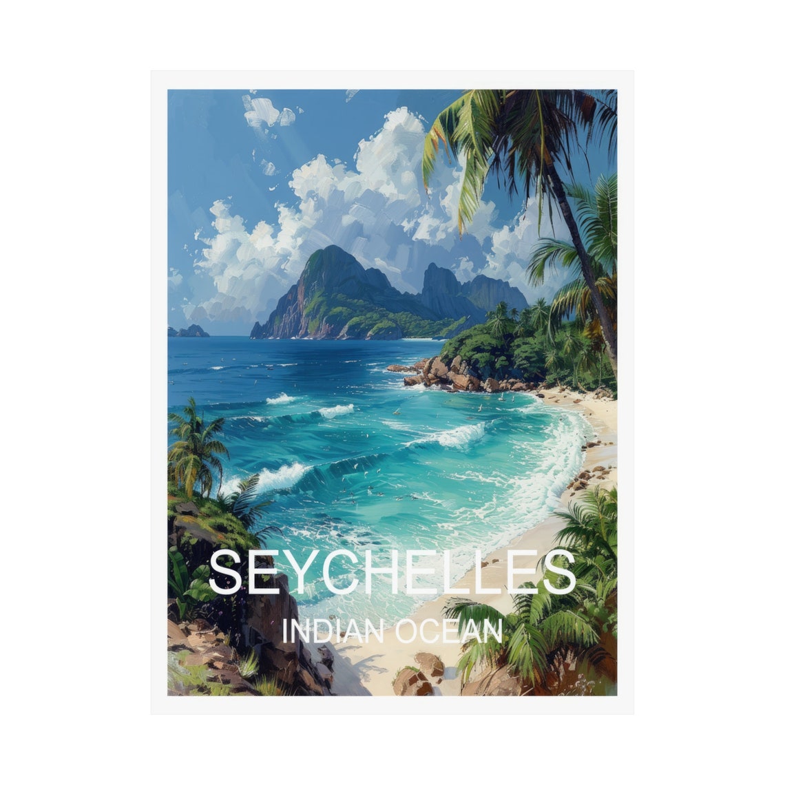 Seychelles Tropical Beach Palm Trees Turquoise Water Travel Poster - Image 3
