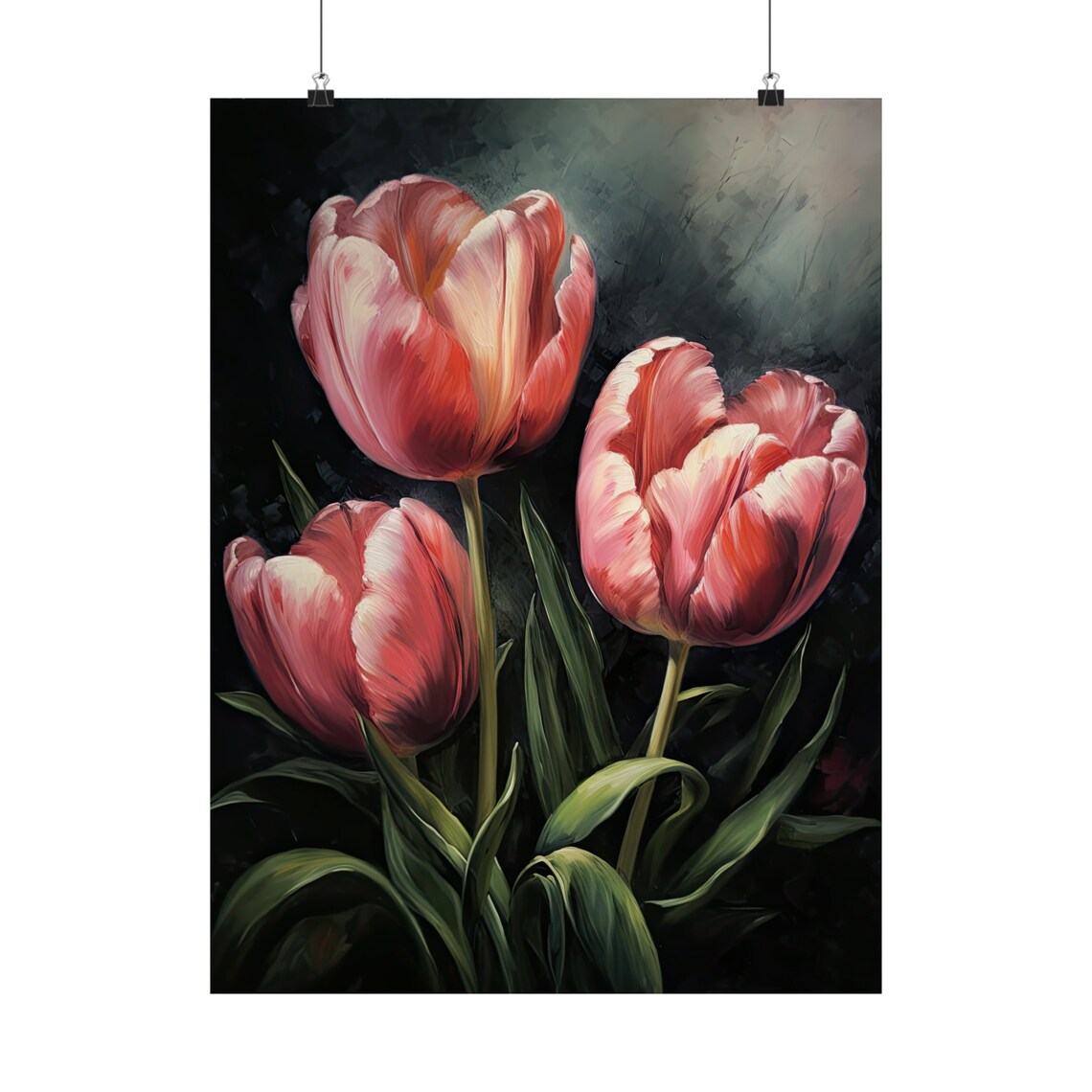 Pink Tulips Dark Moody Floral Oil Painting Botanical Wall Art - Image 5