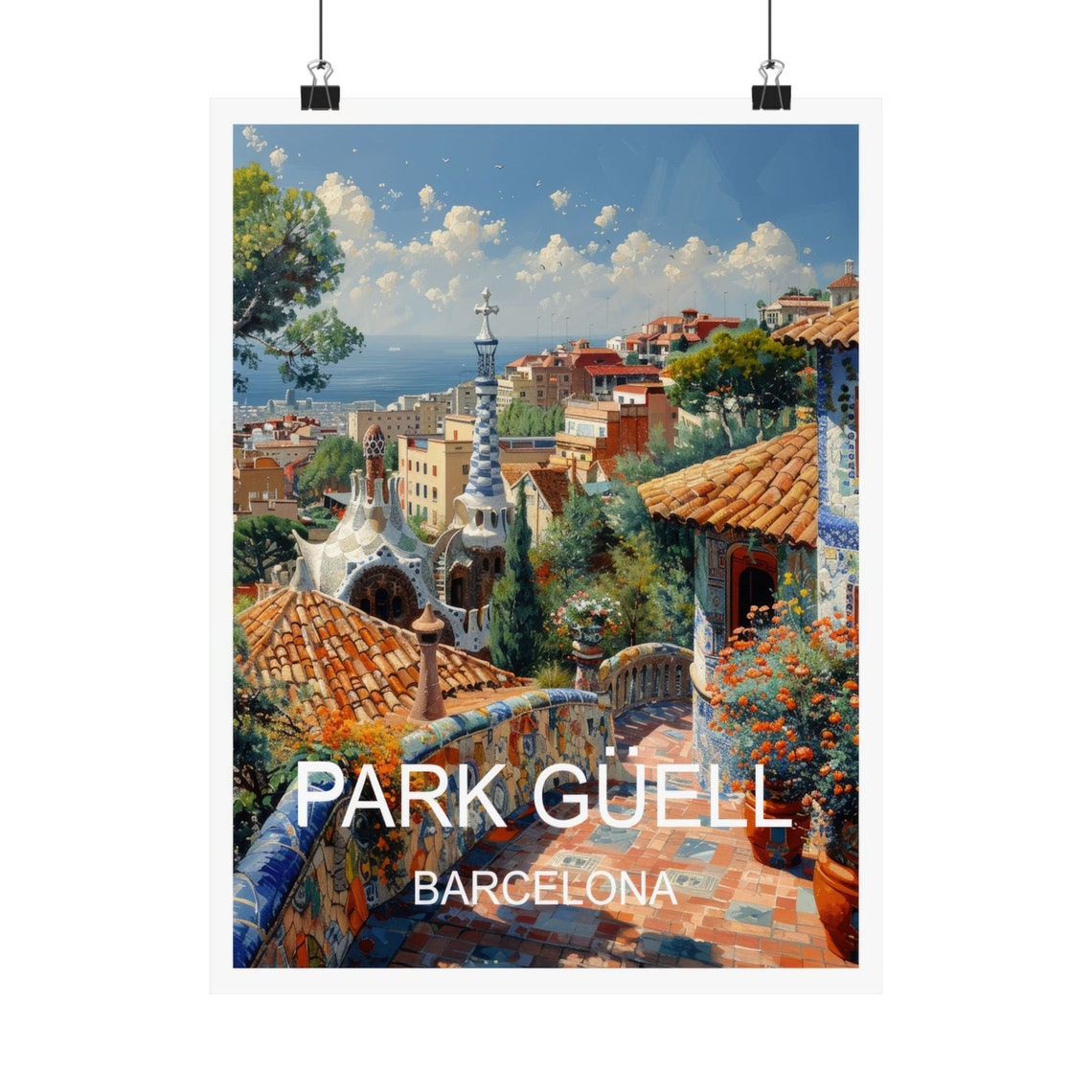 Barcelona Spain Park Guell Mosaic Terrace Gaudi Sea View Travel Poster - Image 3