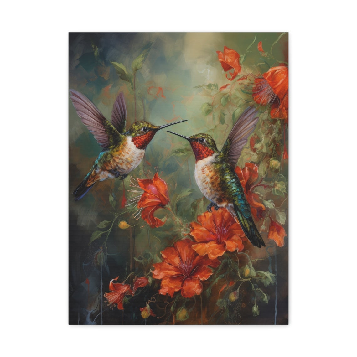Two Ruby Throated Hummingbirds Red Trumpet Flowers Painterly Art Print