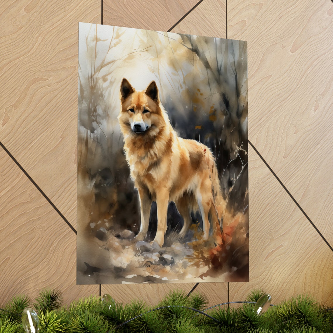 Finnish Spitz Golden Red Fluffy Dog Misty Woods Watercolor Poster - Image 2