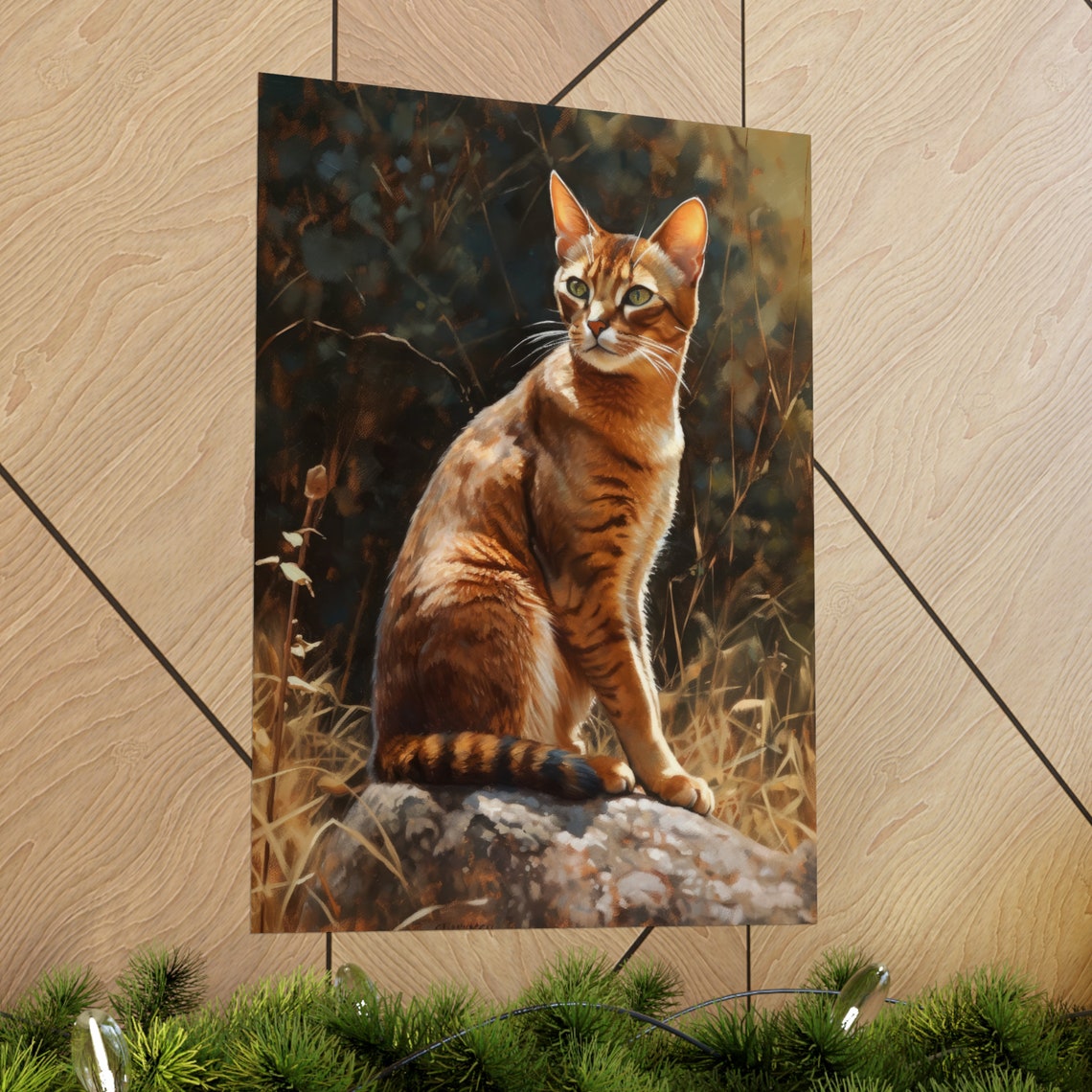 Abyssinian Cat Portrait Rocky Perch Golden Grass Green Eyes Art Print - Image 2