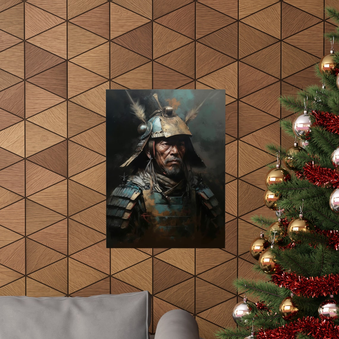 Elder Samurai General in Feathered Helmet Moody Oil Painting Art Print - Image 3