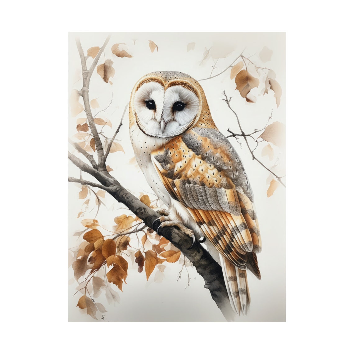 Barn Owl Watercolor Branch Autumn Leaves Bird Painting Wall Art - Image 4