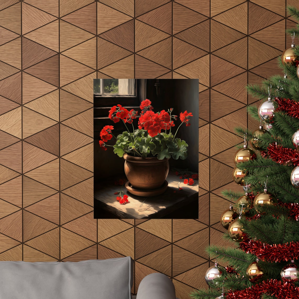 Red Geranium Terracotta Pot Sunlit Window Dark Still Life Art Poster - Image 3