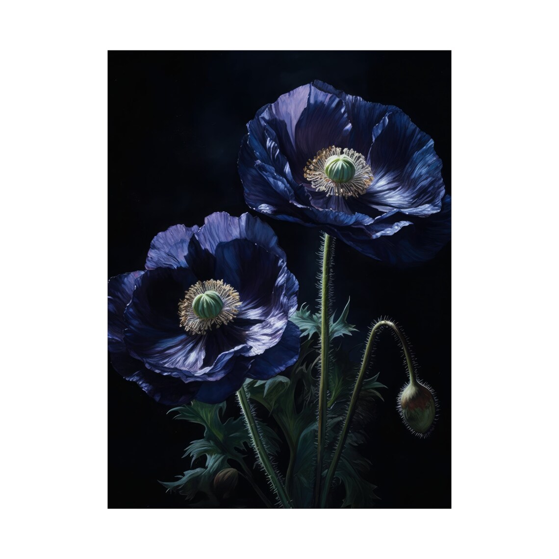 Blue Poppy Flowers Indigo Night Botanical Oil Painting Art Print - Image 5