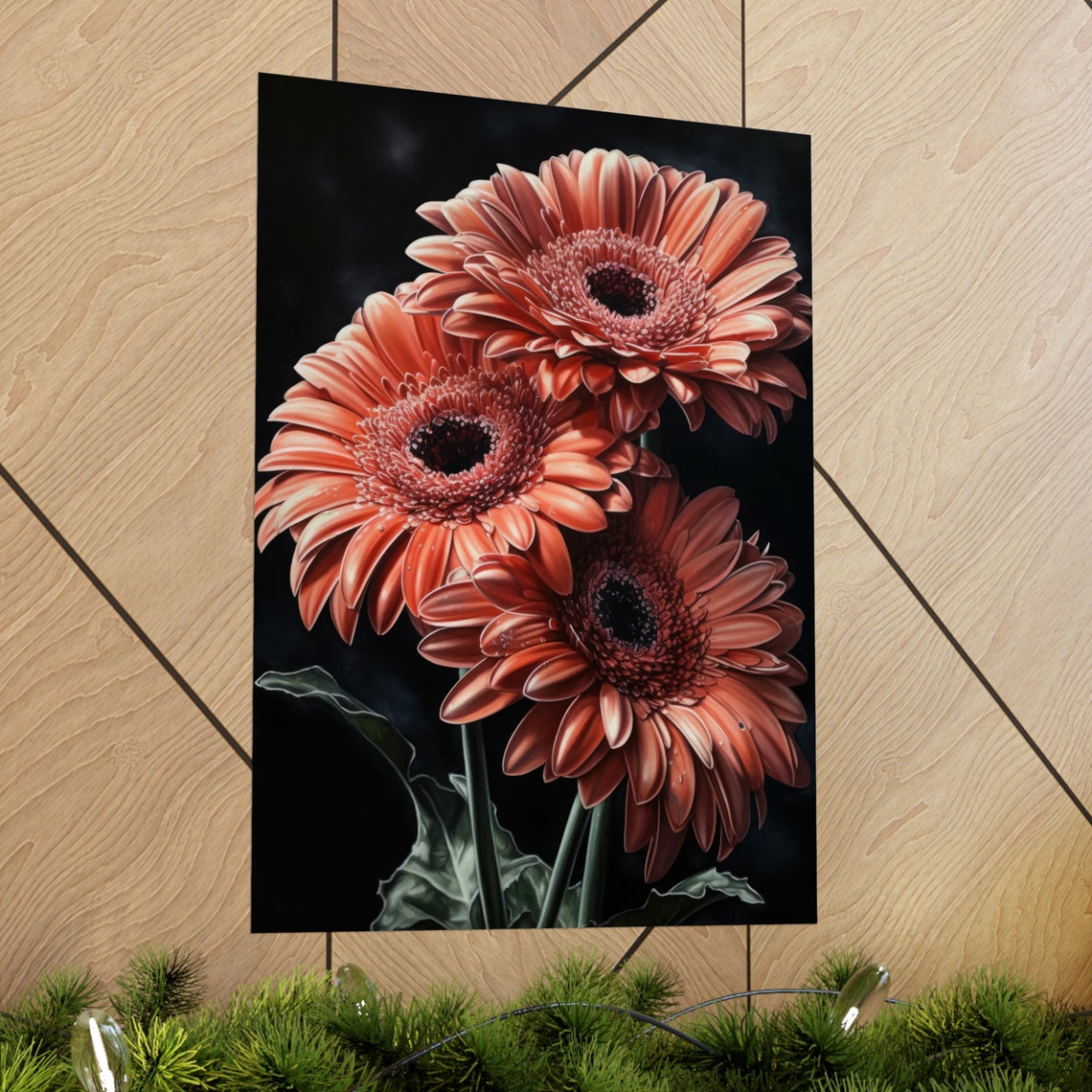 Coral Gerbera Daisy Blooms Bold Dark Background Floral Art Poster - Image 2