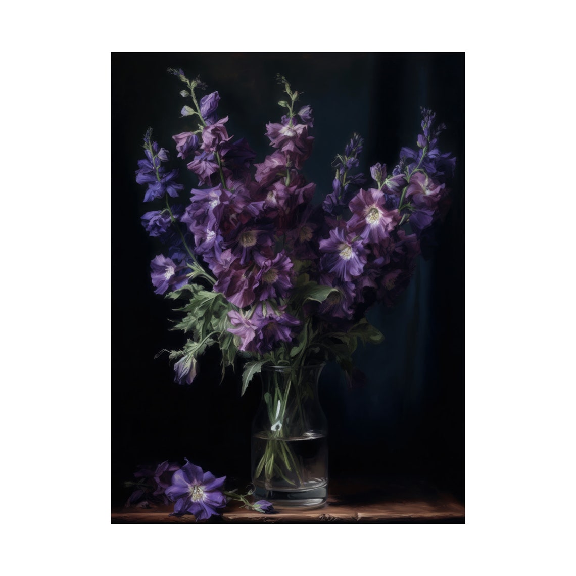 Purple Delphinium Flowers Glass Vase Dark Still Life Fine Art Poster - Image 4