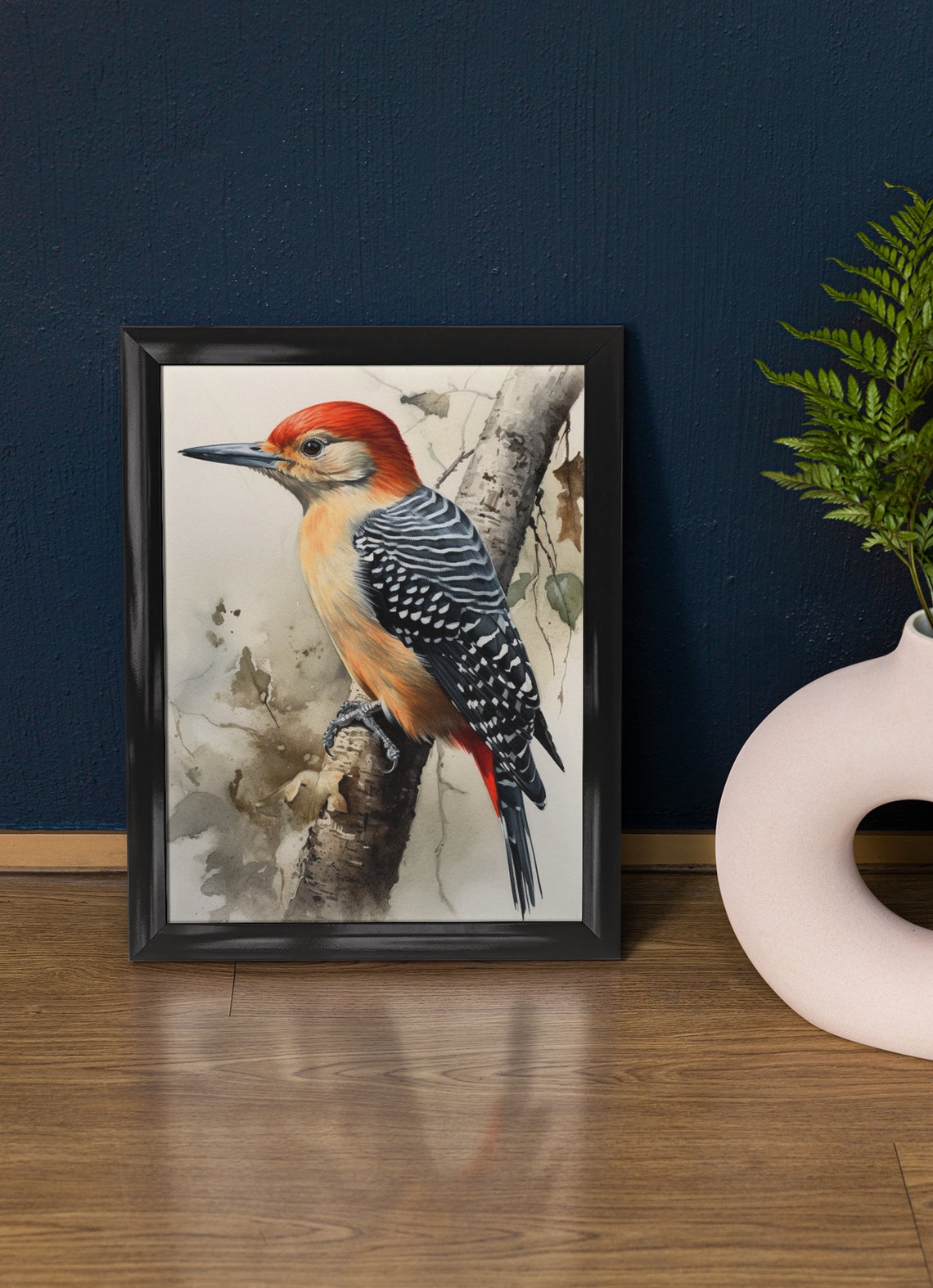 Red Bellied Woodpecker Watercolor Birch Branch Bird Art Poster