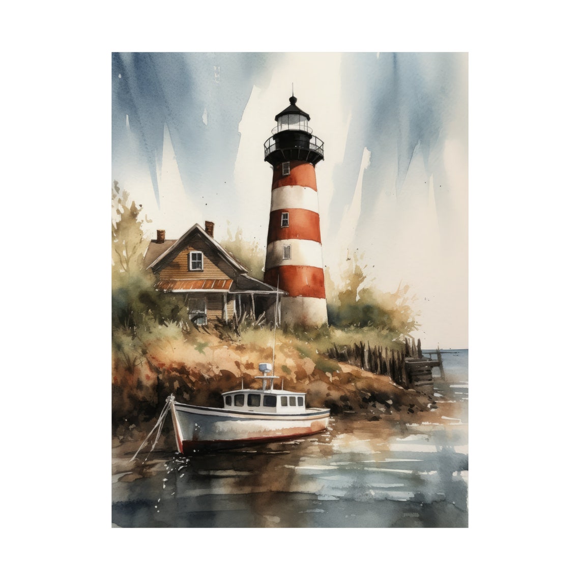Red White Striped Lighthouse Fishing Boat Harbor Watercolor Wall Art - Image 4